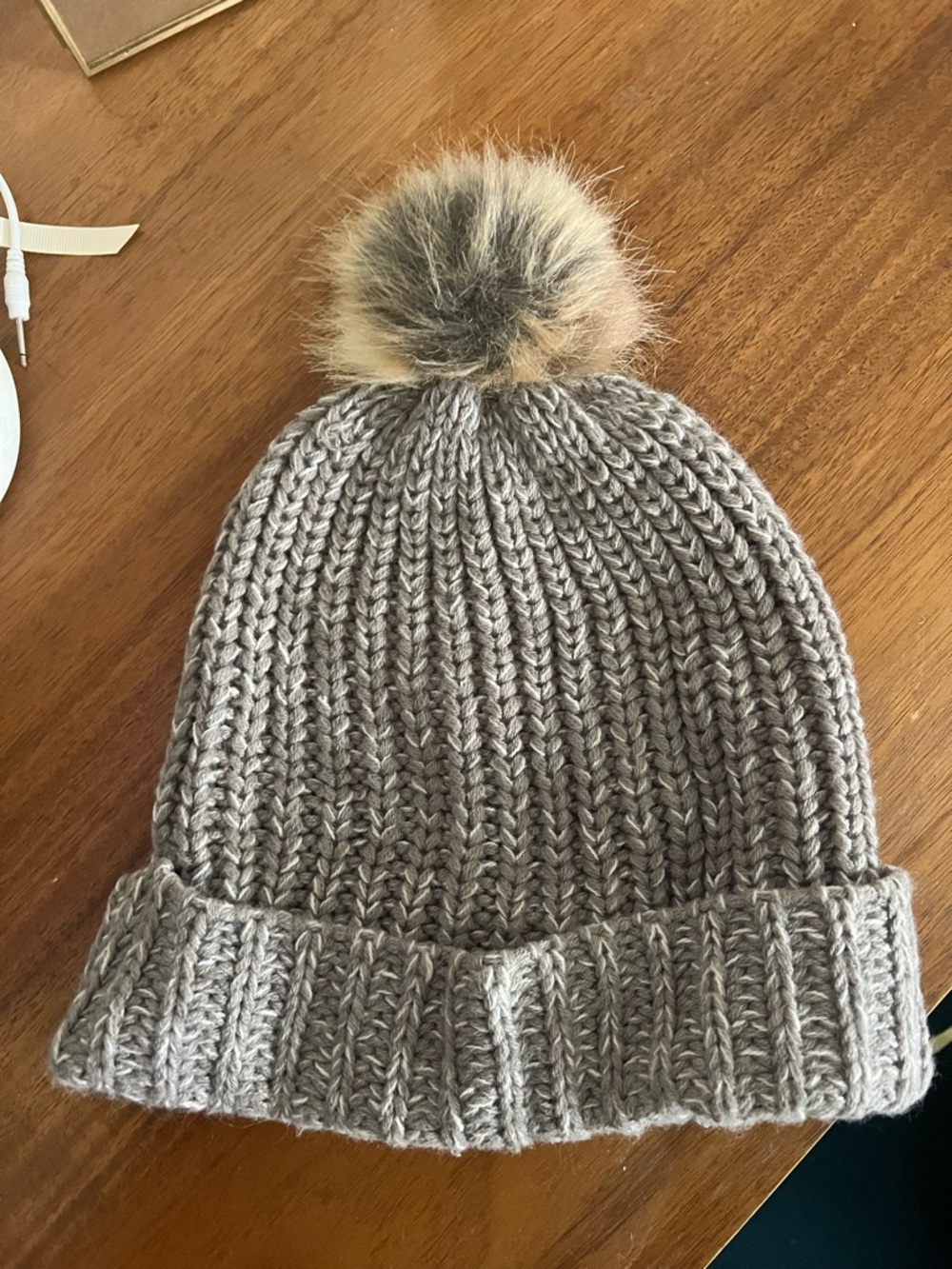 Knit Pom Pom Beanie in Taupe